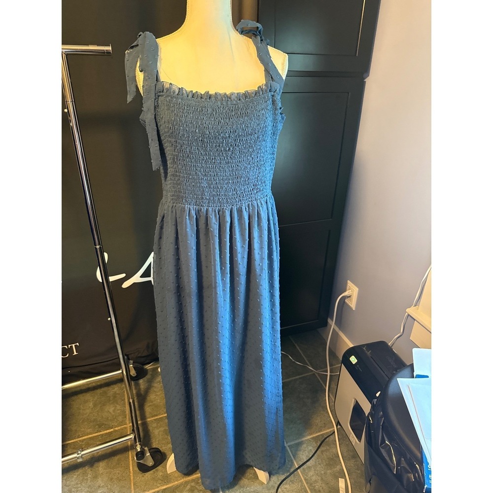 Annebouti Womens L Blue Swiss Dot Smocked Tie Shoulder Ruffle Maxi Dress NEW